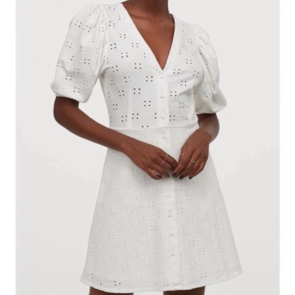 Eyelet button-up dress with puff sleeves
